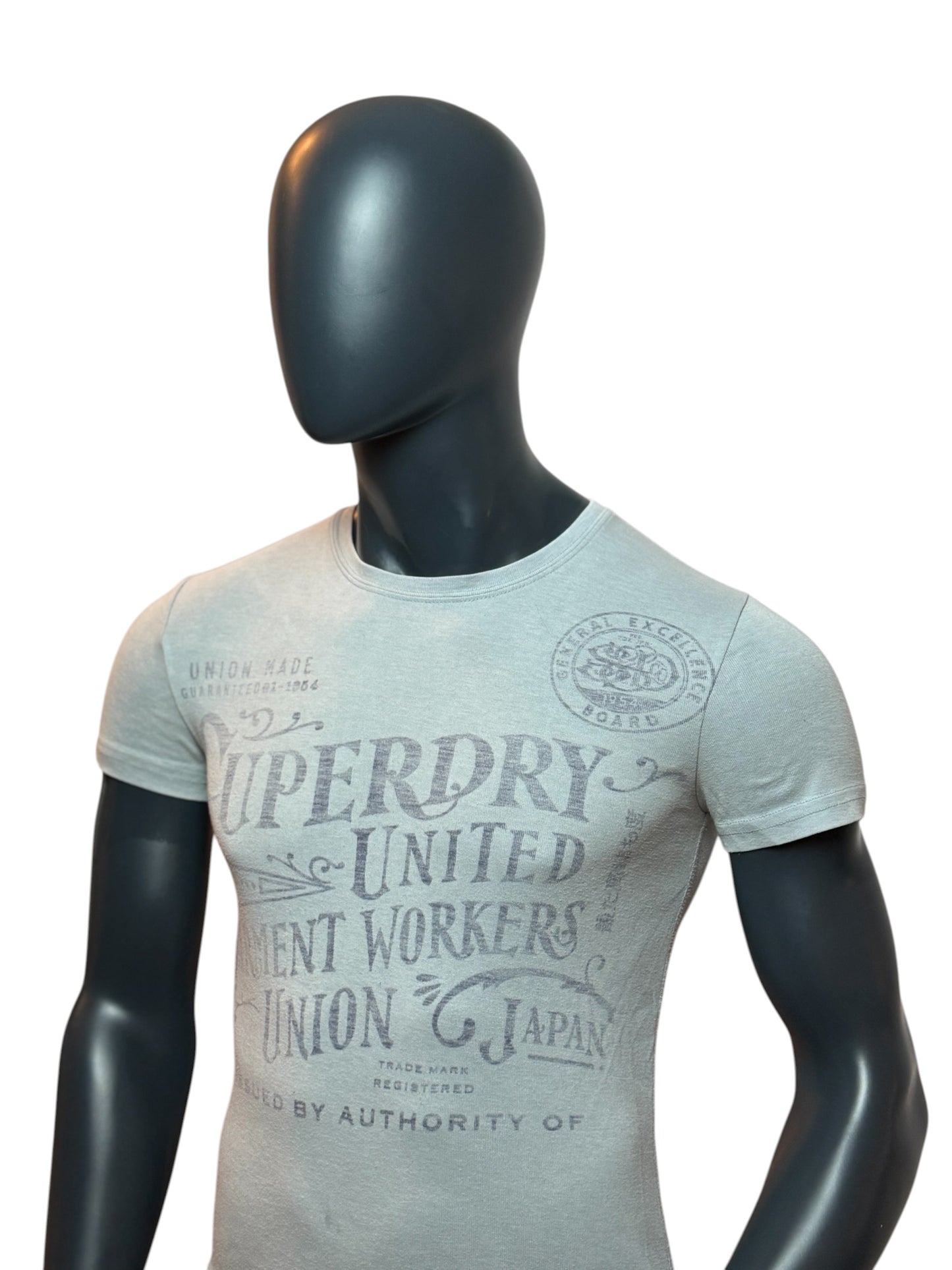 Vintage Superdry T-Shirt Grau Faded Print Logo Basic Streetwear Size S