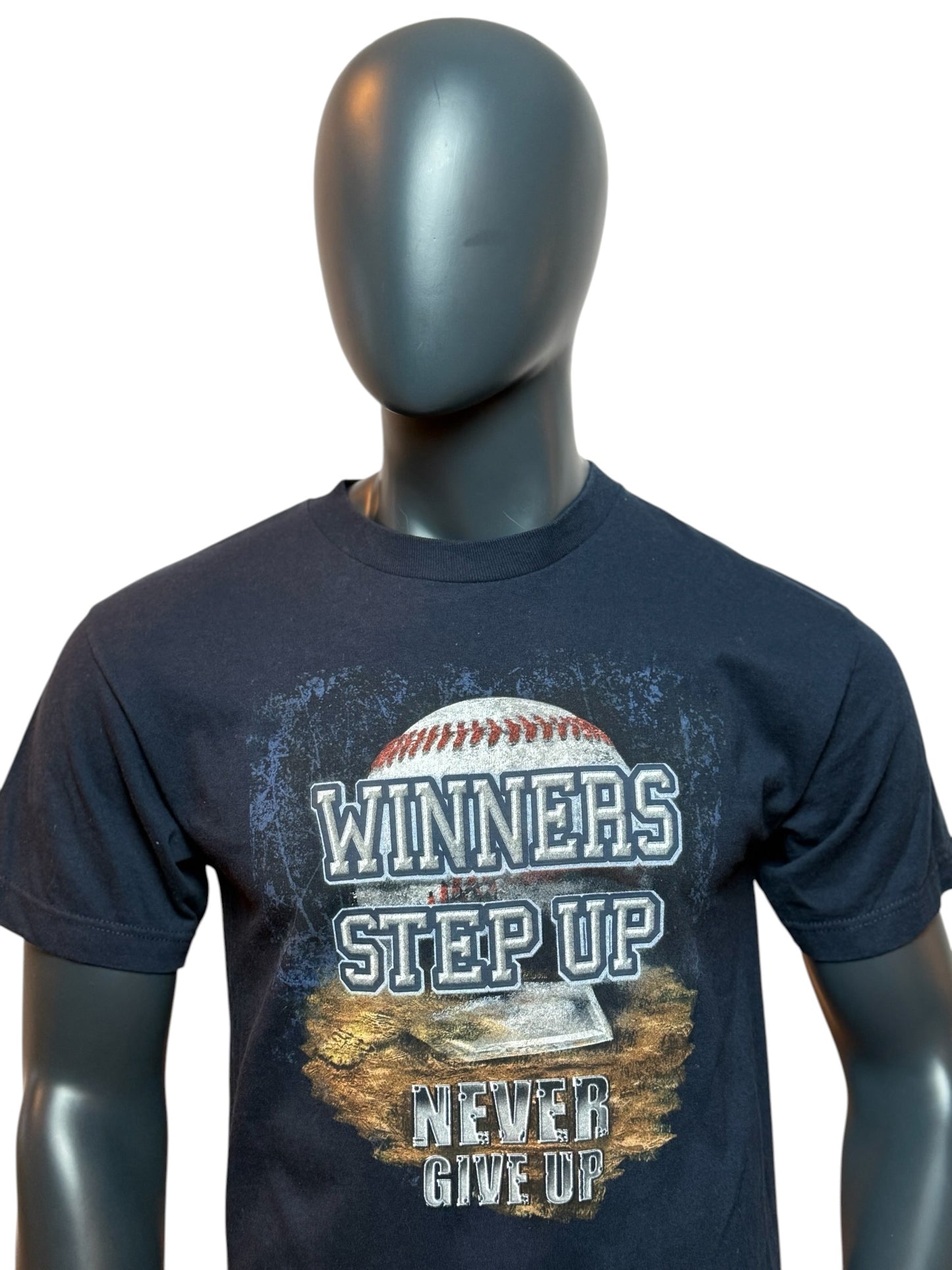 Vintage Baseball Graphic T-Shirt Winners Step Up Navy Print Streetwear Size M