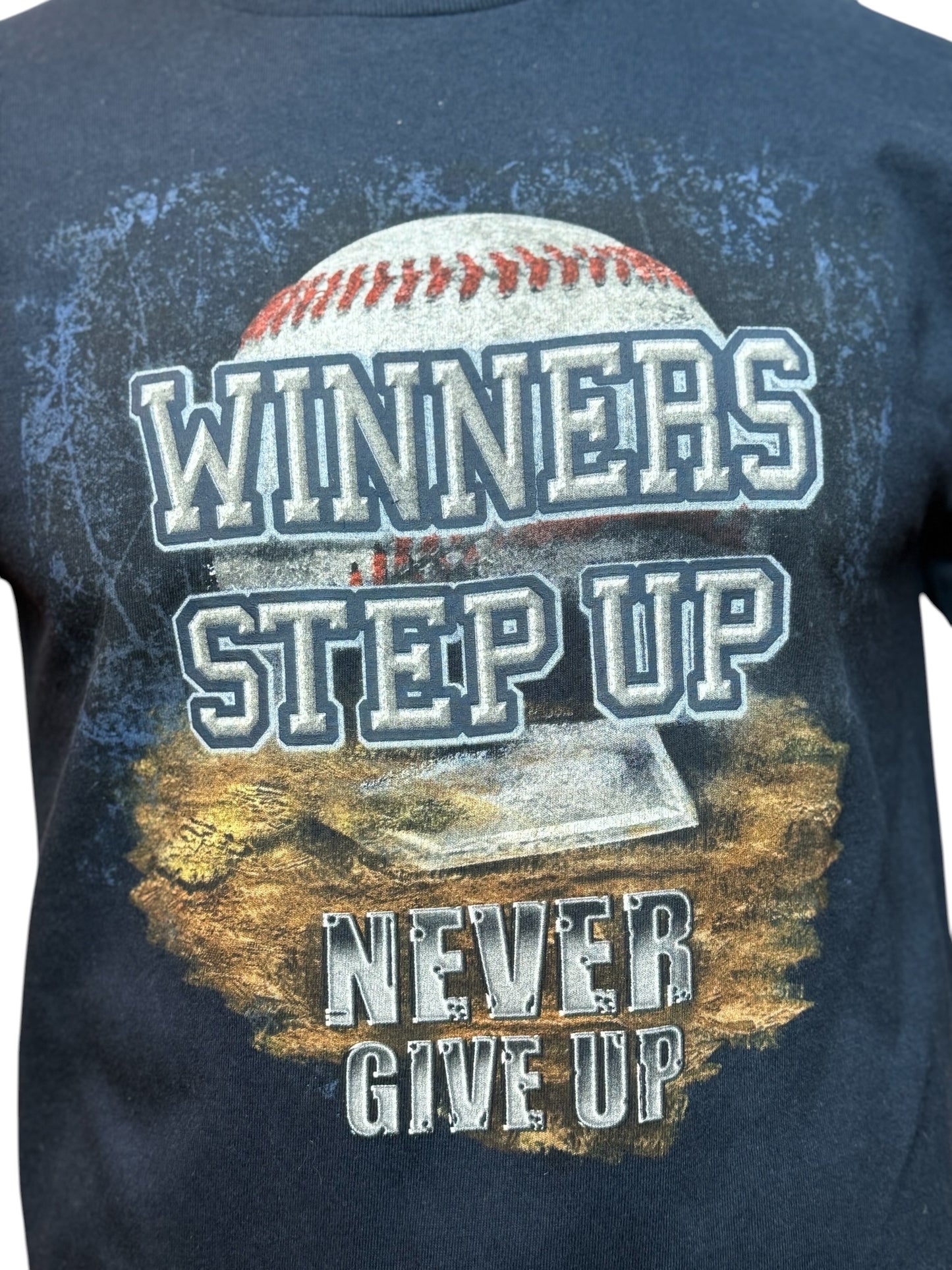 Vintage Baseball Graphic T-Shirt Winners Step Up Navy Print Streetwear Size M