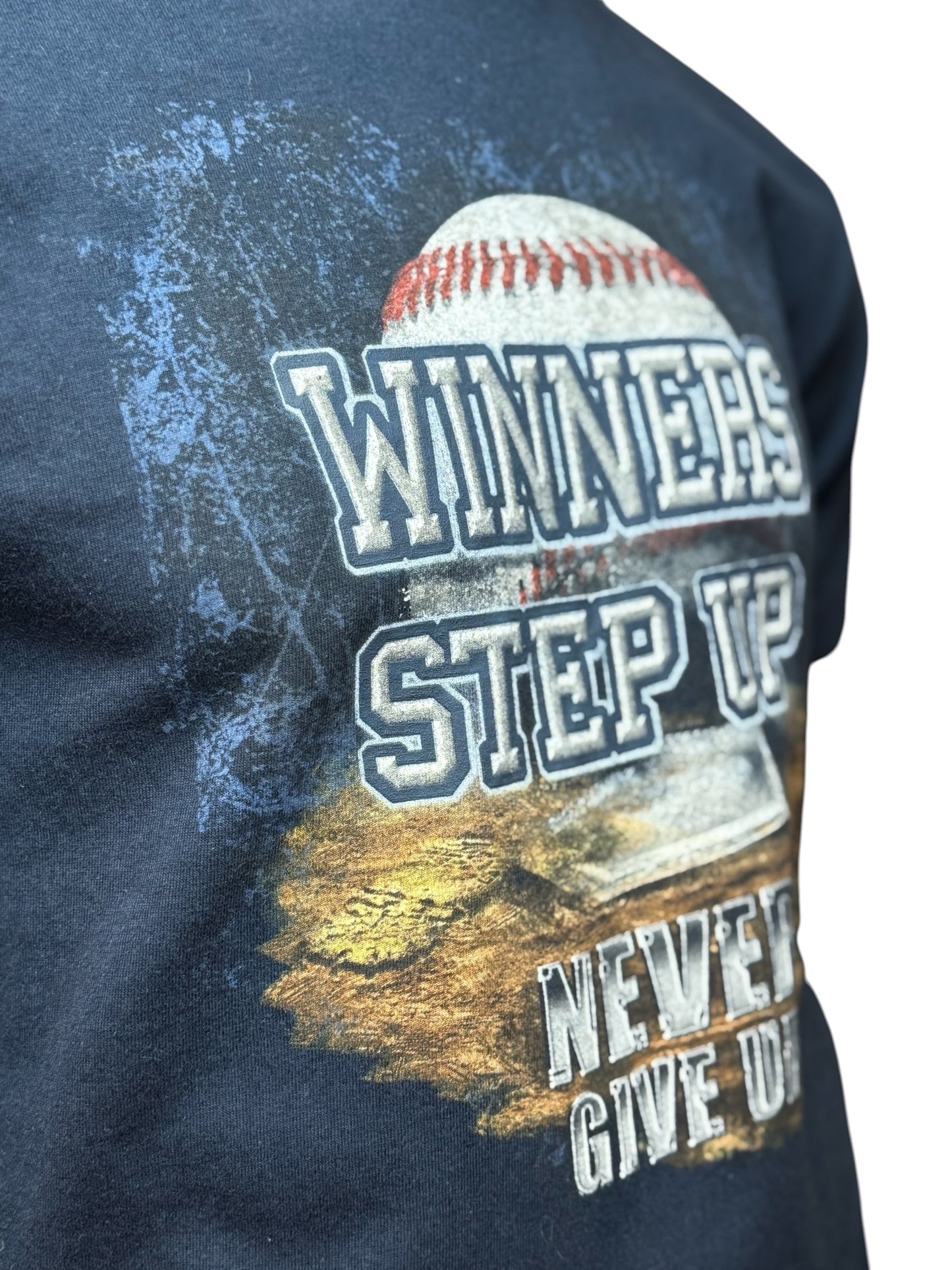 Vintage Baseball Graphic T-Shirt Winners Step Up Navy Print Streetwear Size M