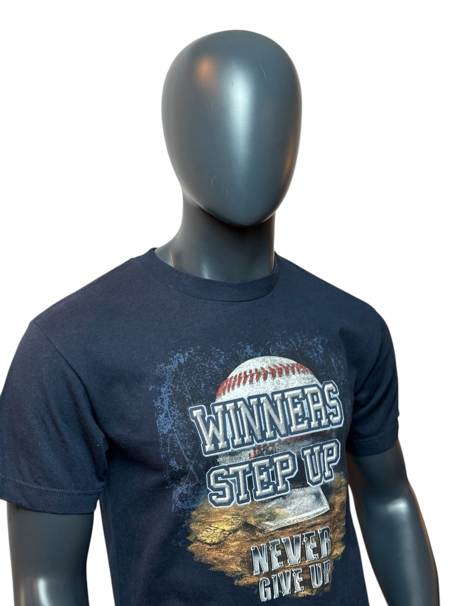 Vintage Baseball Graphic T-Shirt Winners Step Up Navy Print Streetwear Size M