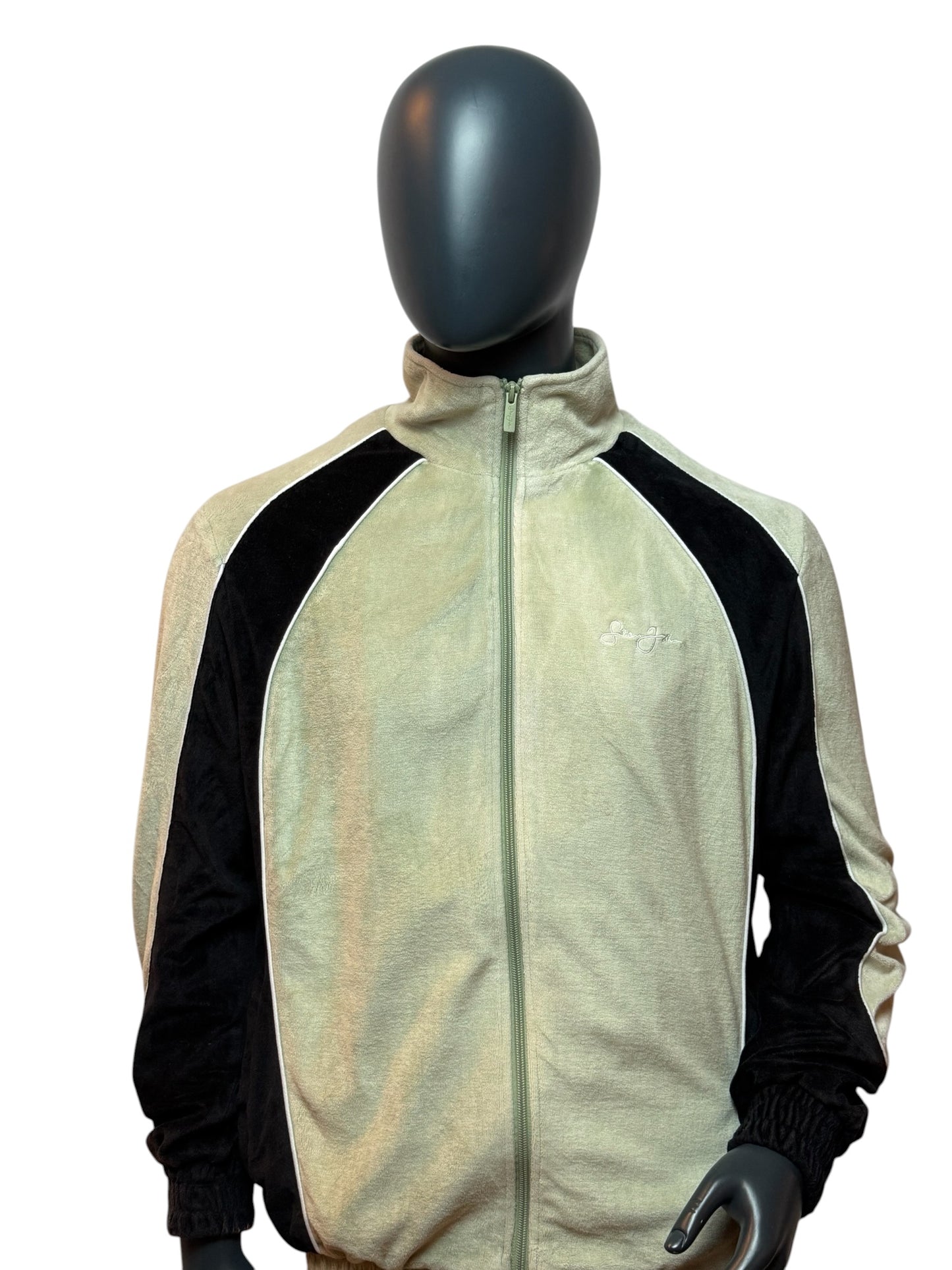 Vintage Sean John Track Jacket Zip Up Beige Black Velour Style Size L