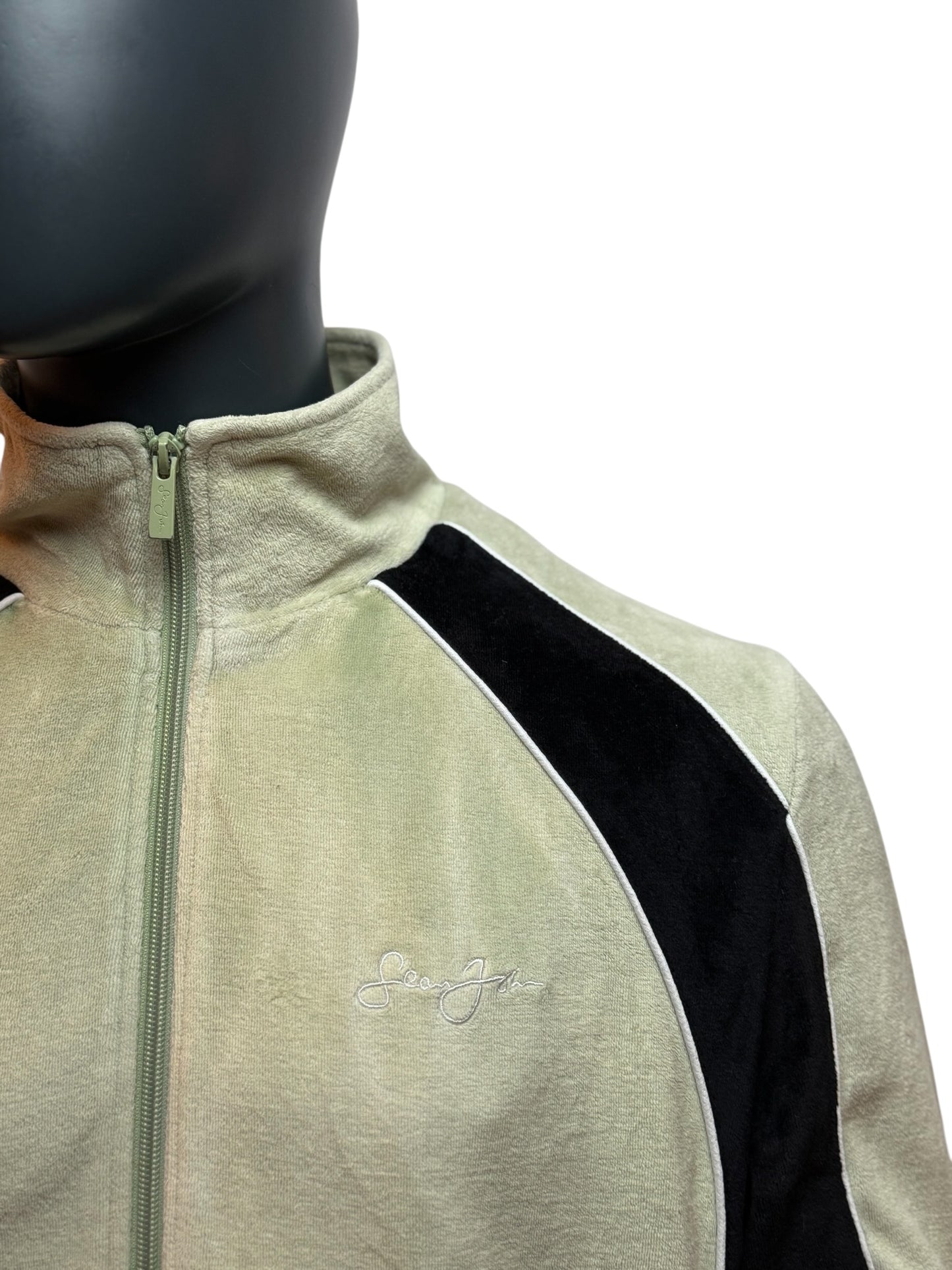 Vintage Sean John Track Jacket Zip Up Beige Black Velour Style Size L
