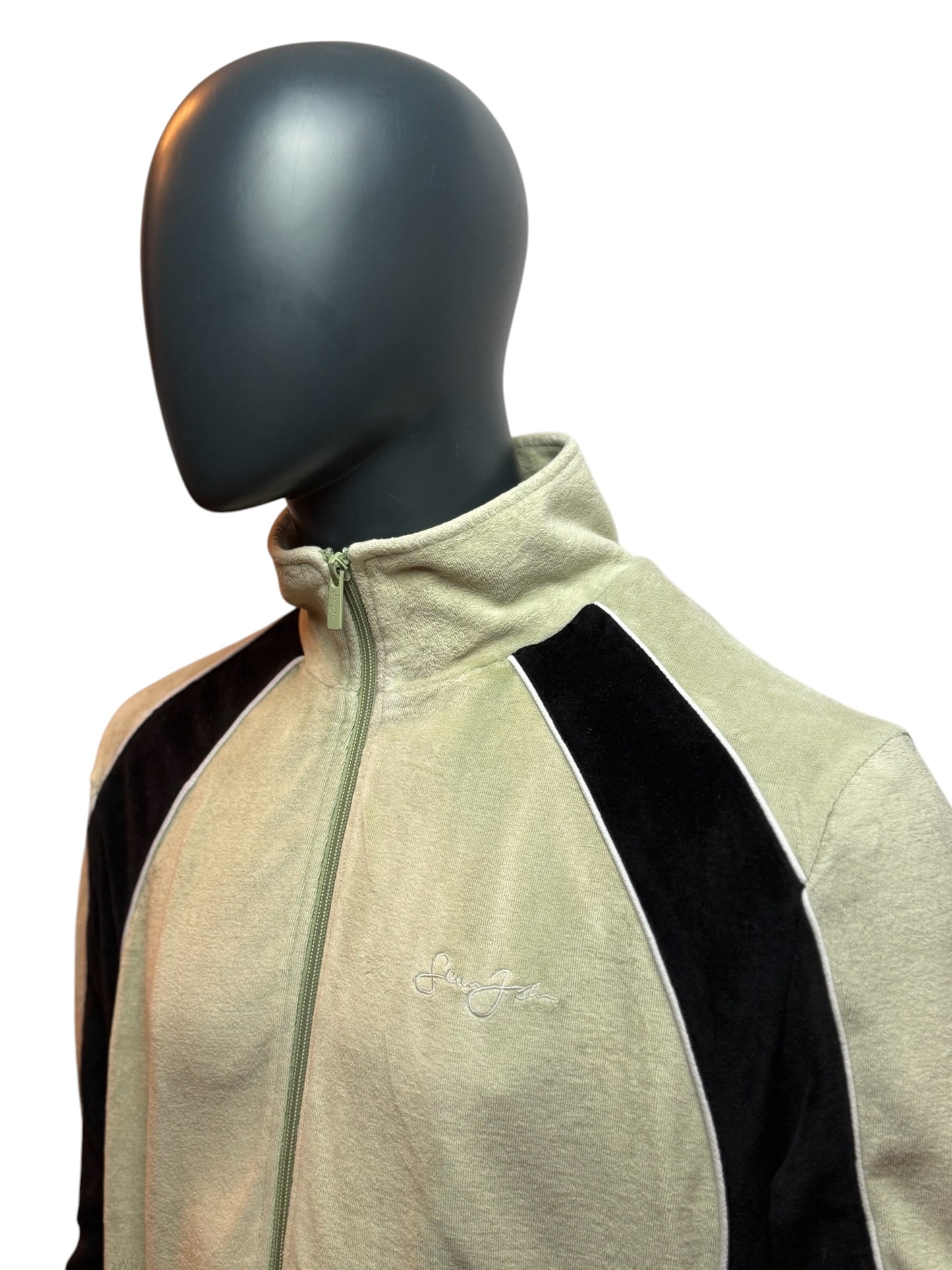 Vintage Sean John Track Jacket Zip Up Beige Black Velour Style Size L