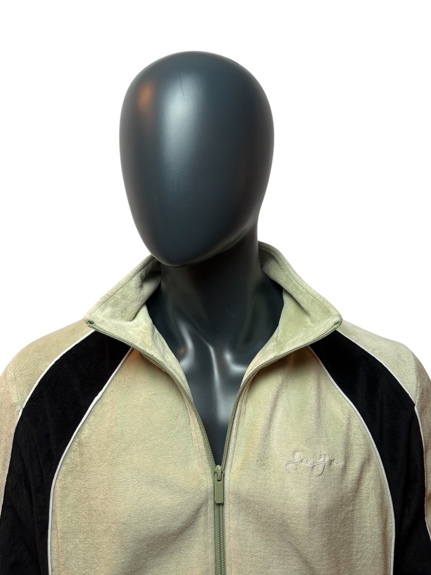 Vintage Sean John Track Jacket Zip Up Beige Black Velour Style Size L