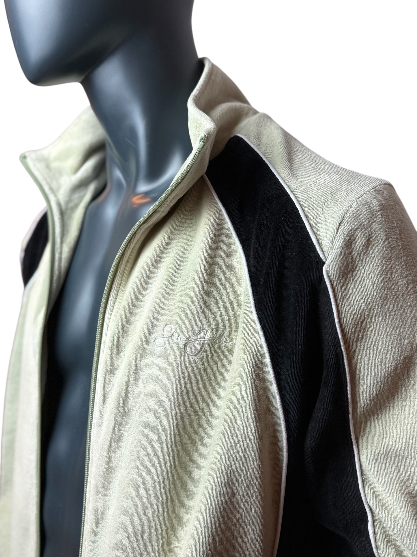 Vintage Sean John Track Jacket Zip Up Beige Black Velour Style Size L
