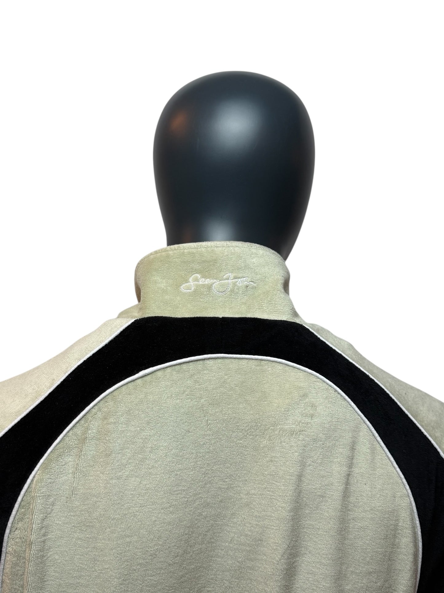 Vintage Sean John Track Jacket Zip Up Beige Black Velour Style Size L