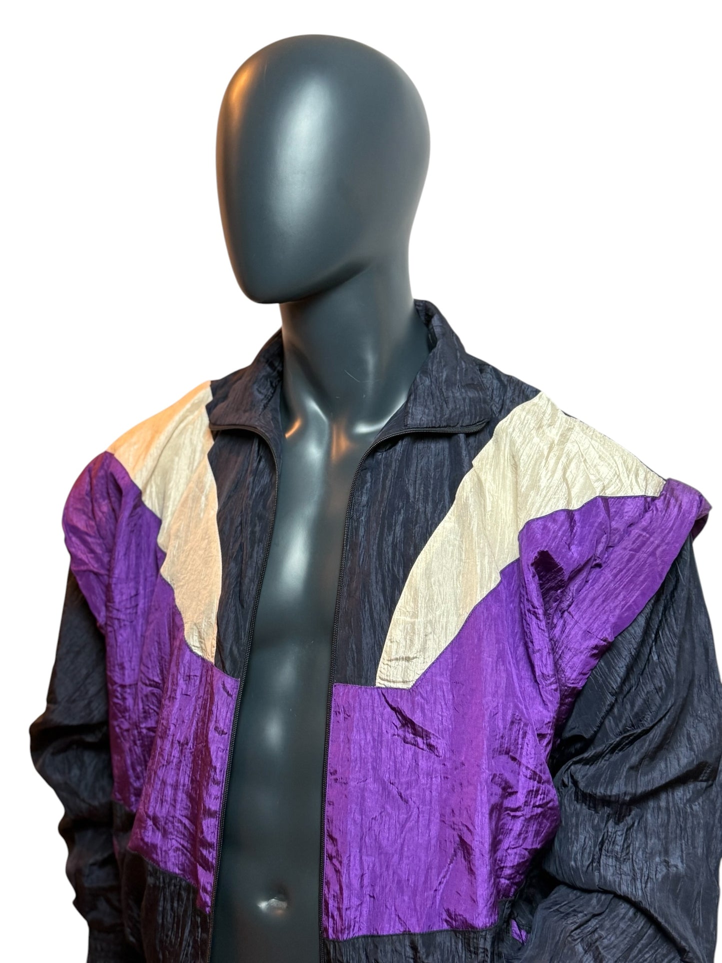 Vintage 90s Windbreaker Jacket Black Purple Zip Off Sleeves Retro Size M