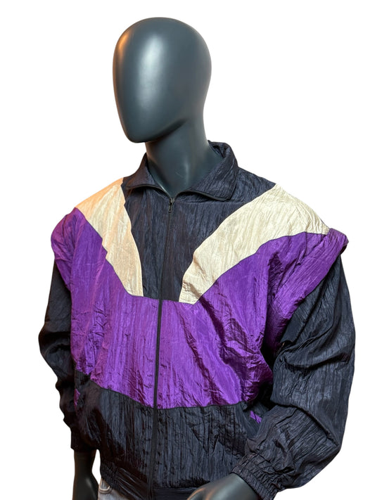 Vintage 90s Windbreaker Jacket Black Purple Zip Off Sleeves Retro Size M