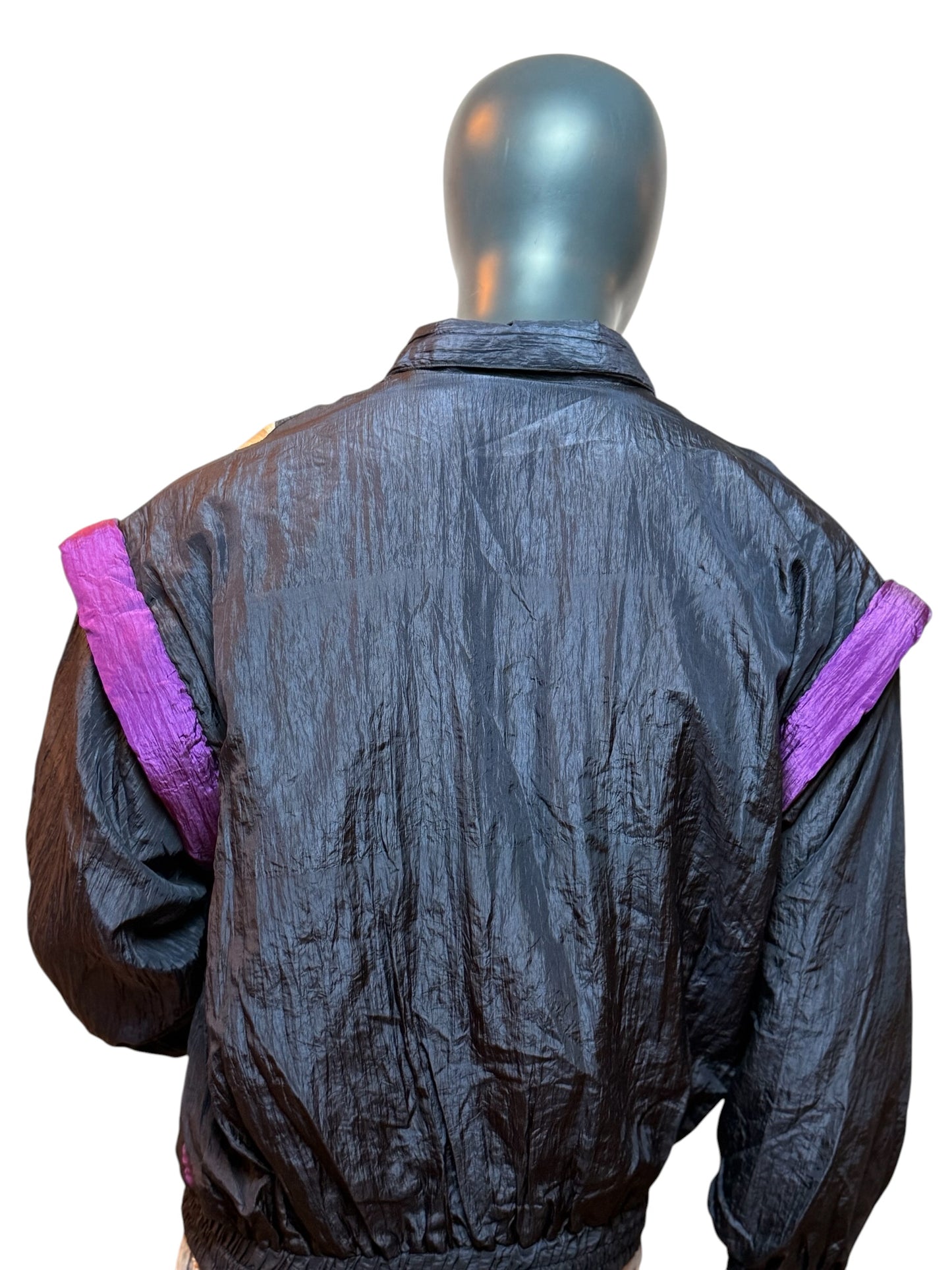 Vintage 90s Windbreaker Jacket Black Purple Zip Off Sleeves Retro Size M