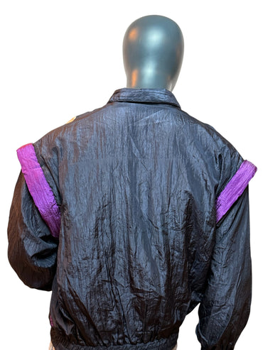 Vintage 90s Windbreaker Jacket Black Purple Zip Off Sleeves Retro Size M