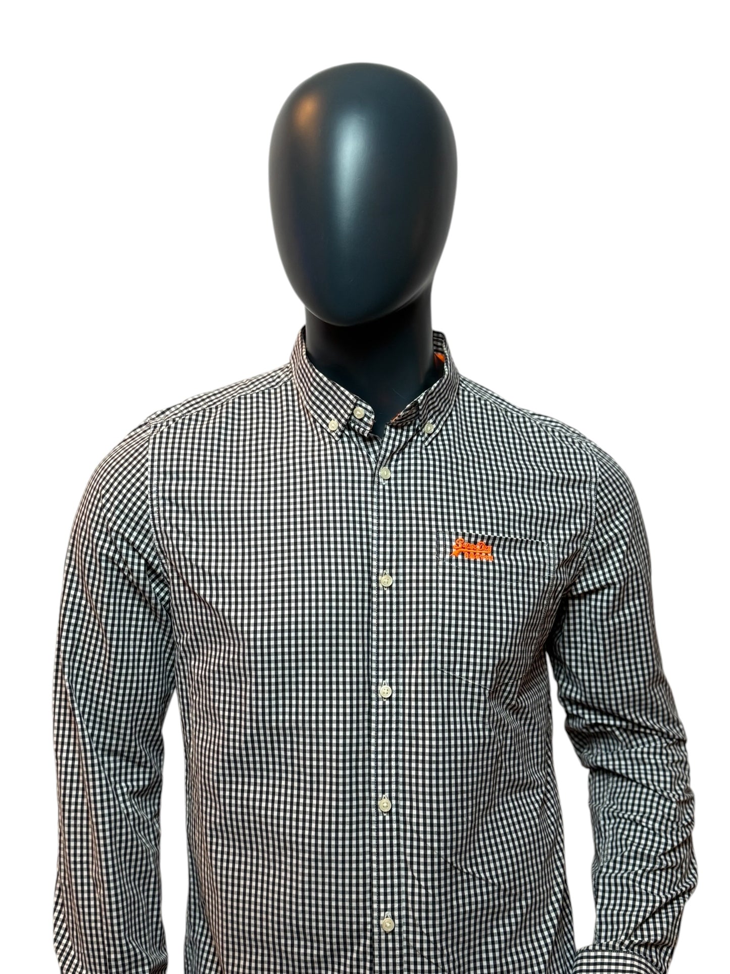 Superdry Gingham Shirt Black White Button Up Slim Fit Casual Streetwear Size L