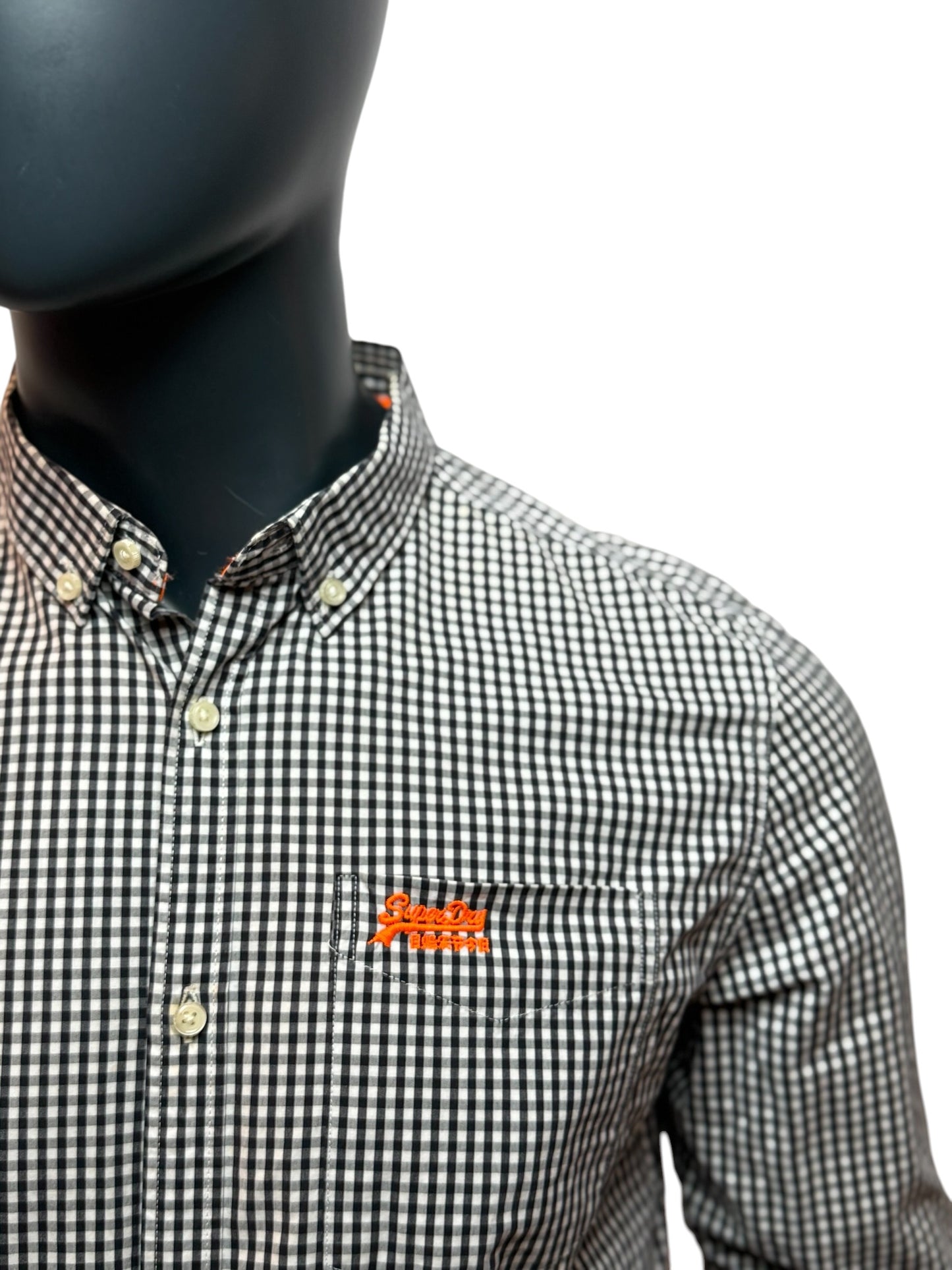 Superdry Gingham Shirt Black White Button Up Slim Fit Casual Streetwear Size L