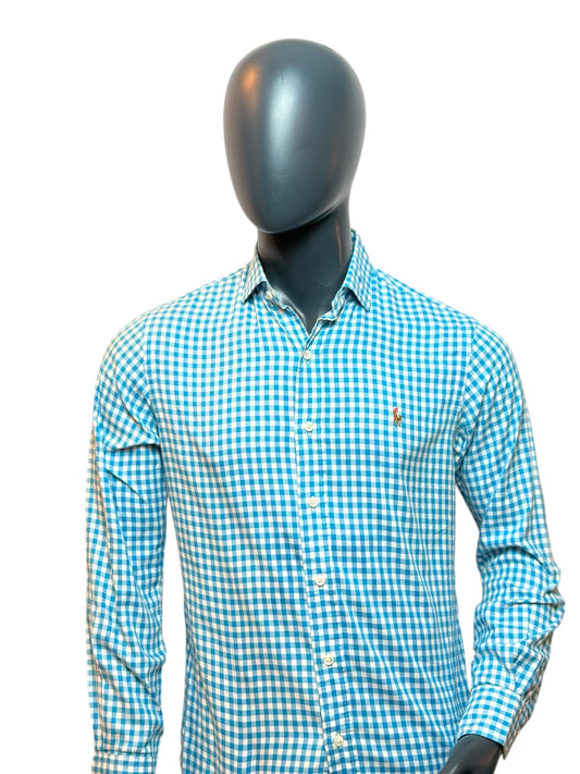 Ralph Lauren Gingham Shirt Blue White Slim Fit Button Up Classic Size M