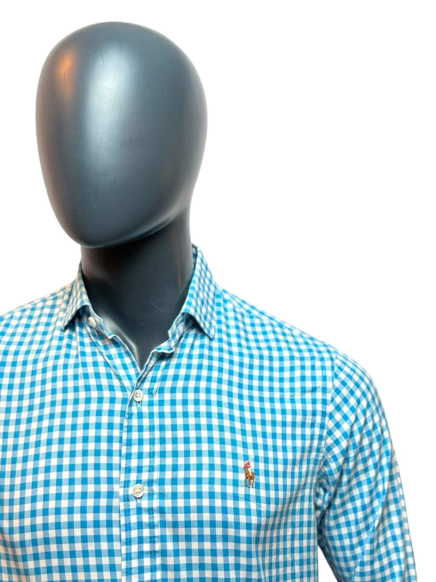 Ralph Lauren Gingham Shirt Blue White Slim Fit Button Up Classic Size M