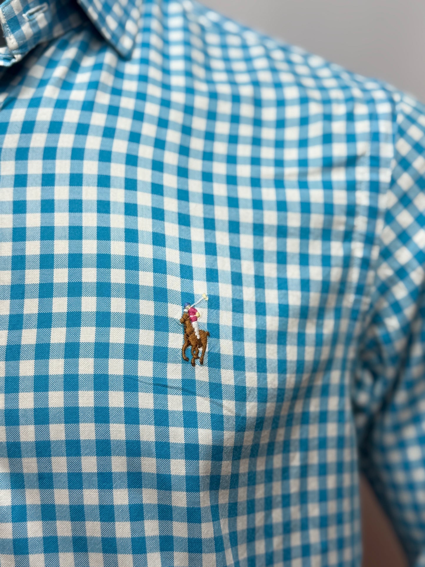 Ralph Lauren Gingham Shirt Blue White Slim Fit Button Up Classic Size M