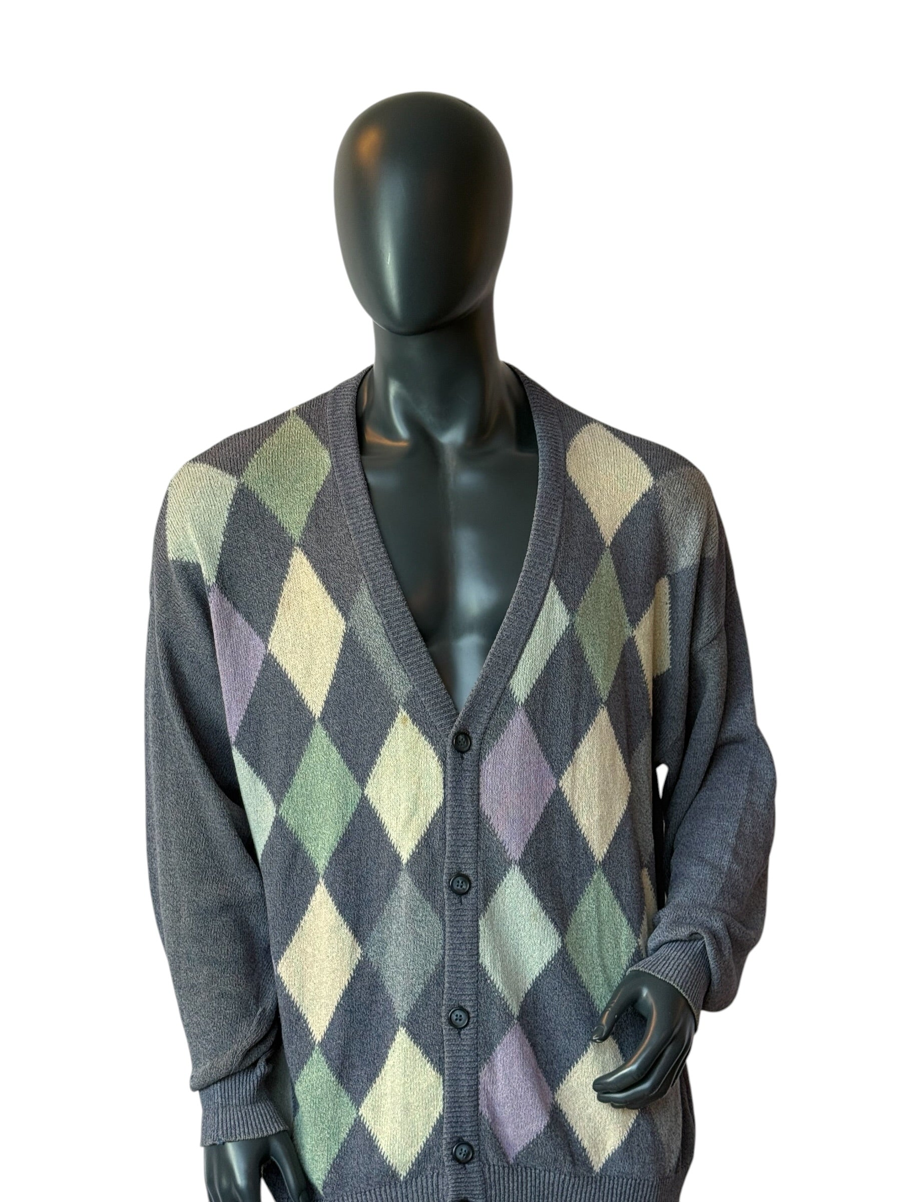 Monello Argyle Cardigan Grey Knit Sweater Vintage Style