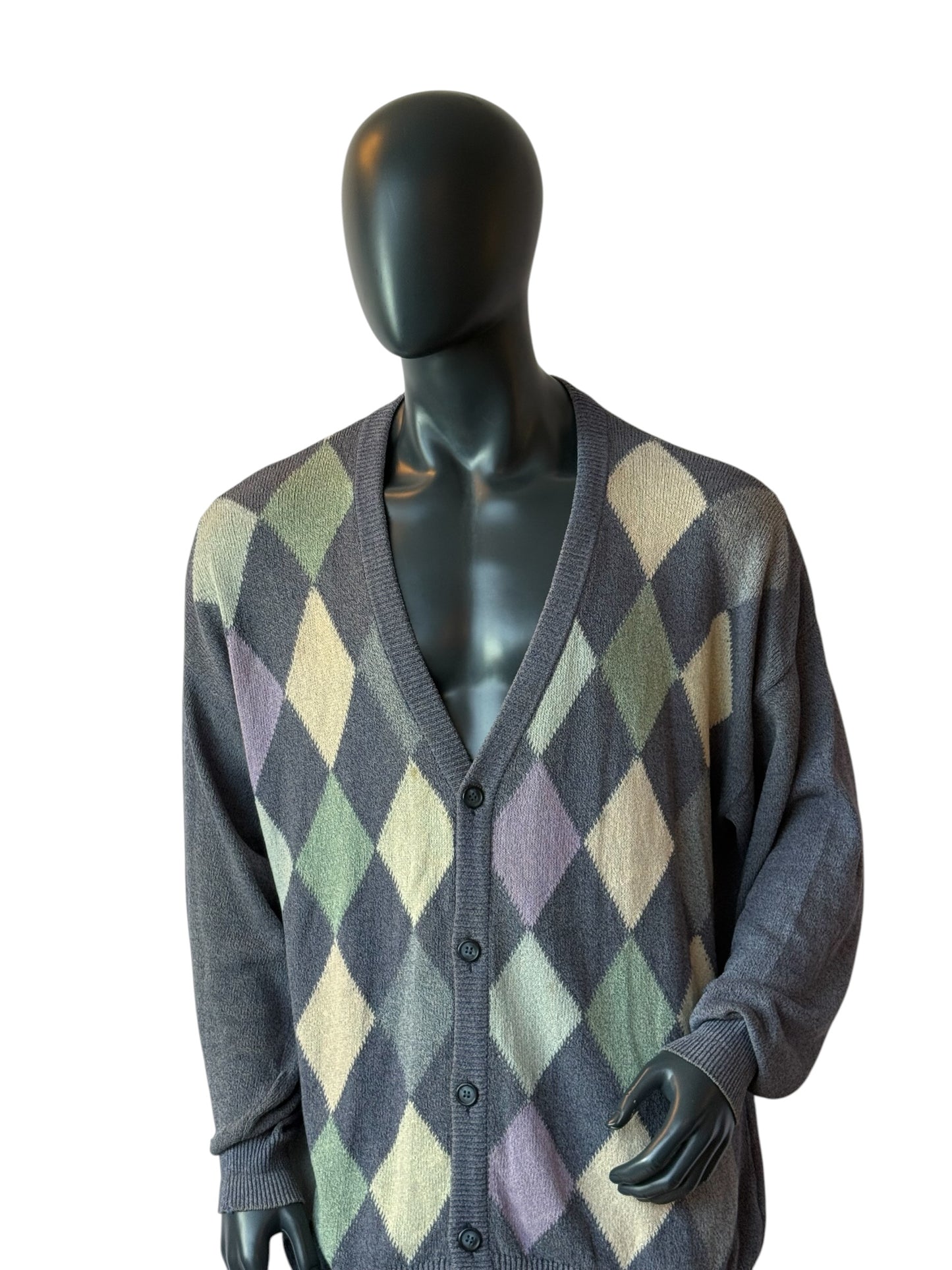 Monello Argyle Cardigan Grey Knit Sweater Vintage Style Size XXL