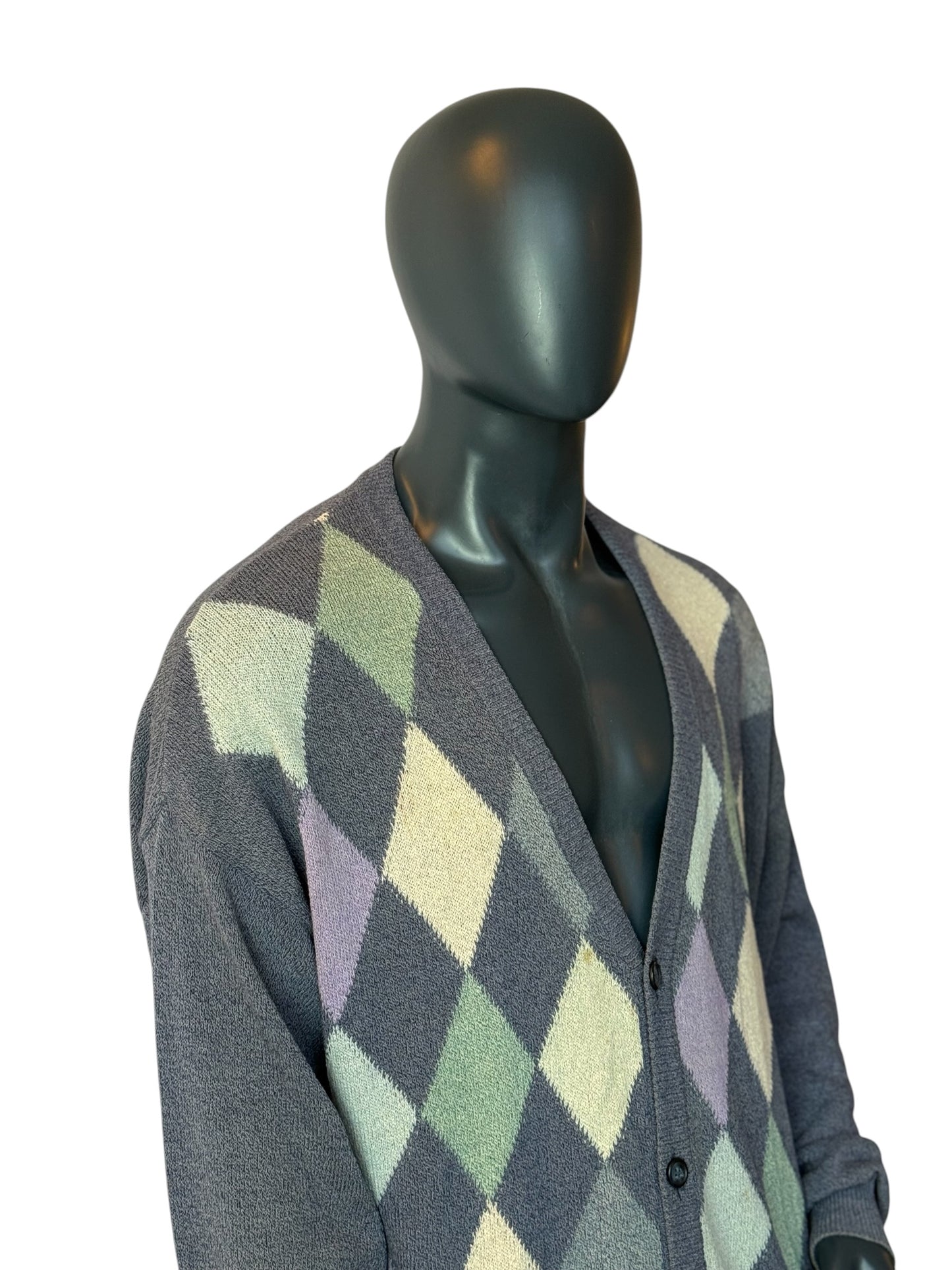 Monello Argyle Cardigan Grey Knit Sweater Vintage Style Size XXL