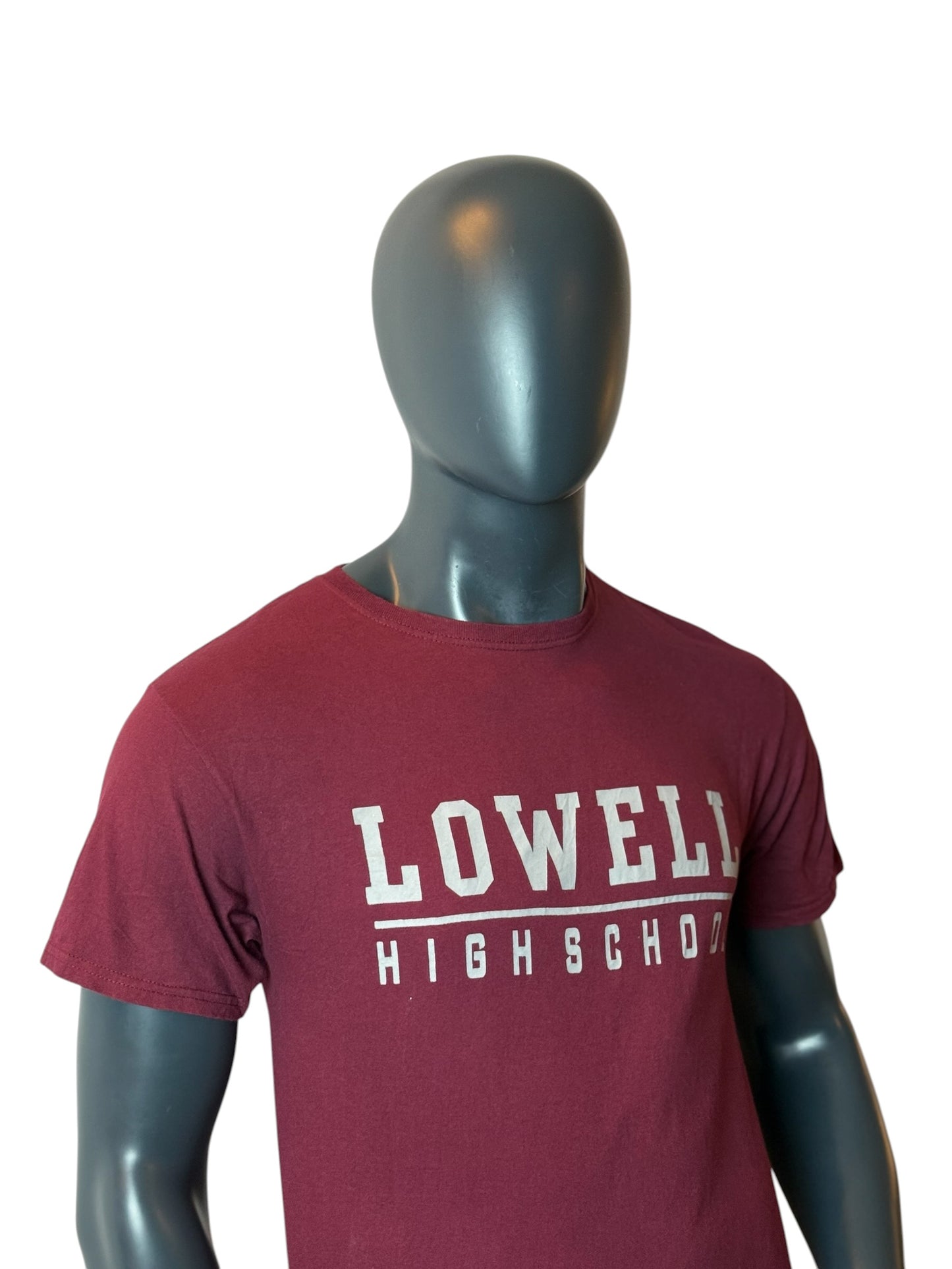 Lowell High School T Shirt Burgundy Vintage College Style Tee Size M