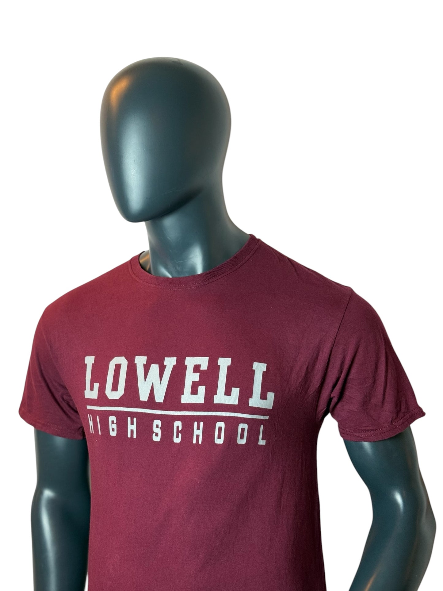 Lowell High School T Shirt Burgundy Vintage College Style Tee Size M